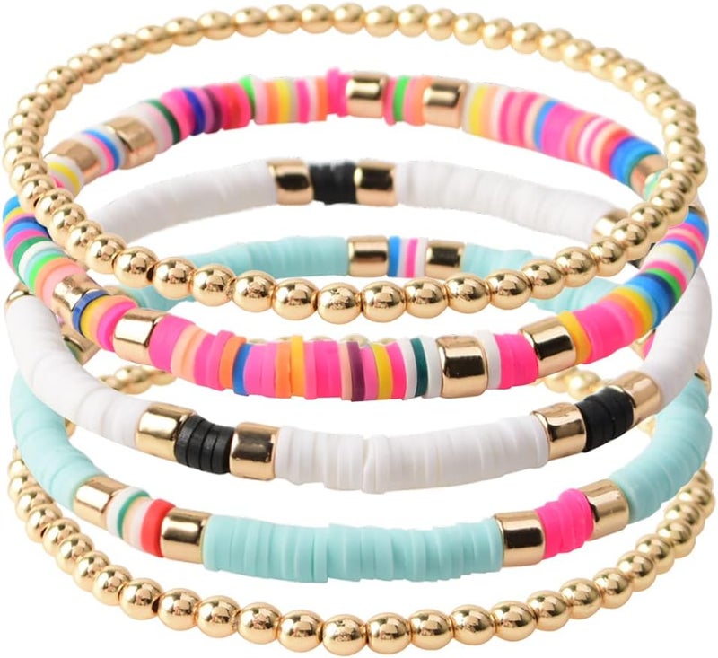 GOOJIDS Surfer Heishi Clay Bead Bracelets for Women Bohemian Stackable Gold Plated Beaded Stretch Bracelets Elastic Layering Friendship Bracelets Set Boho Jewelry - Image 1